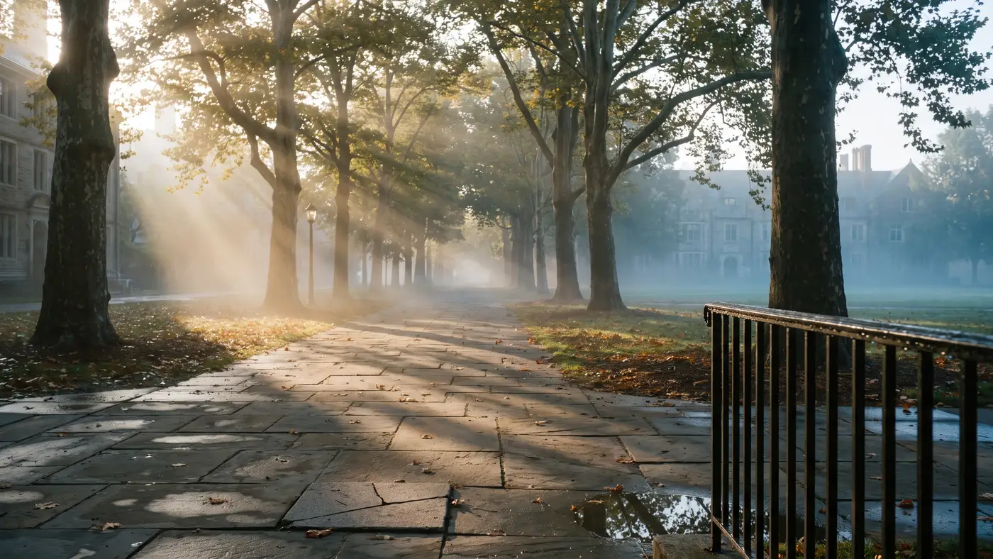 A wide, tree-lined generic campus avenue at dawn, mist and golden light filtering through the branches, an iron railing in the foreground and stone academic buildings beyond.